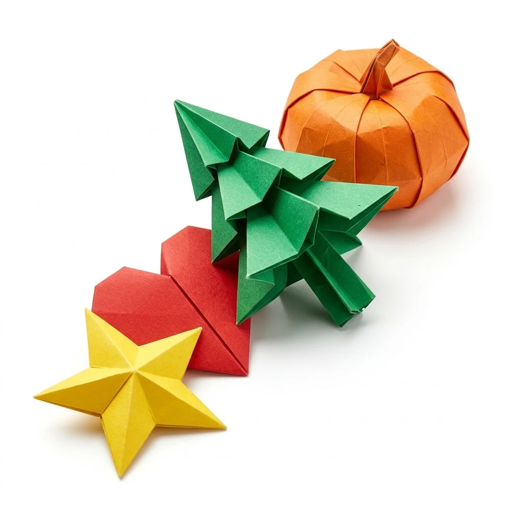 Holiday origami: pumpkin, Christmas tree, heart and star