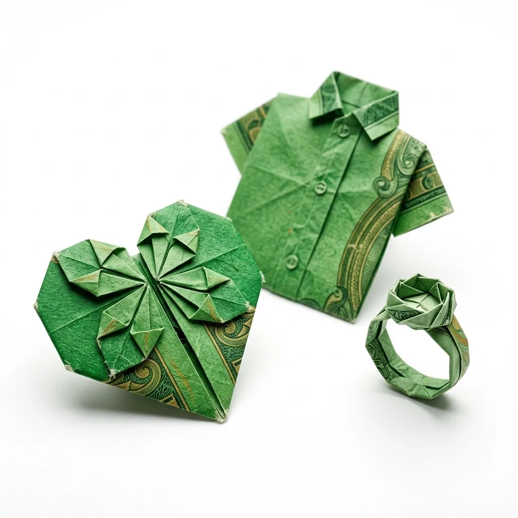 Origami heart and shirt folded from paper money