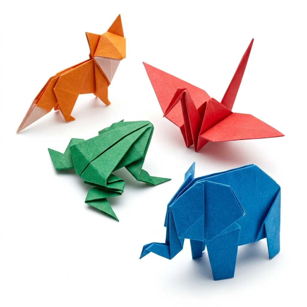 Origami animals: fox, frog, crane and elephant
