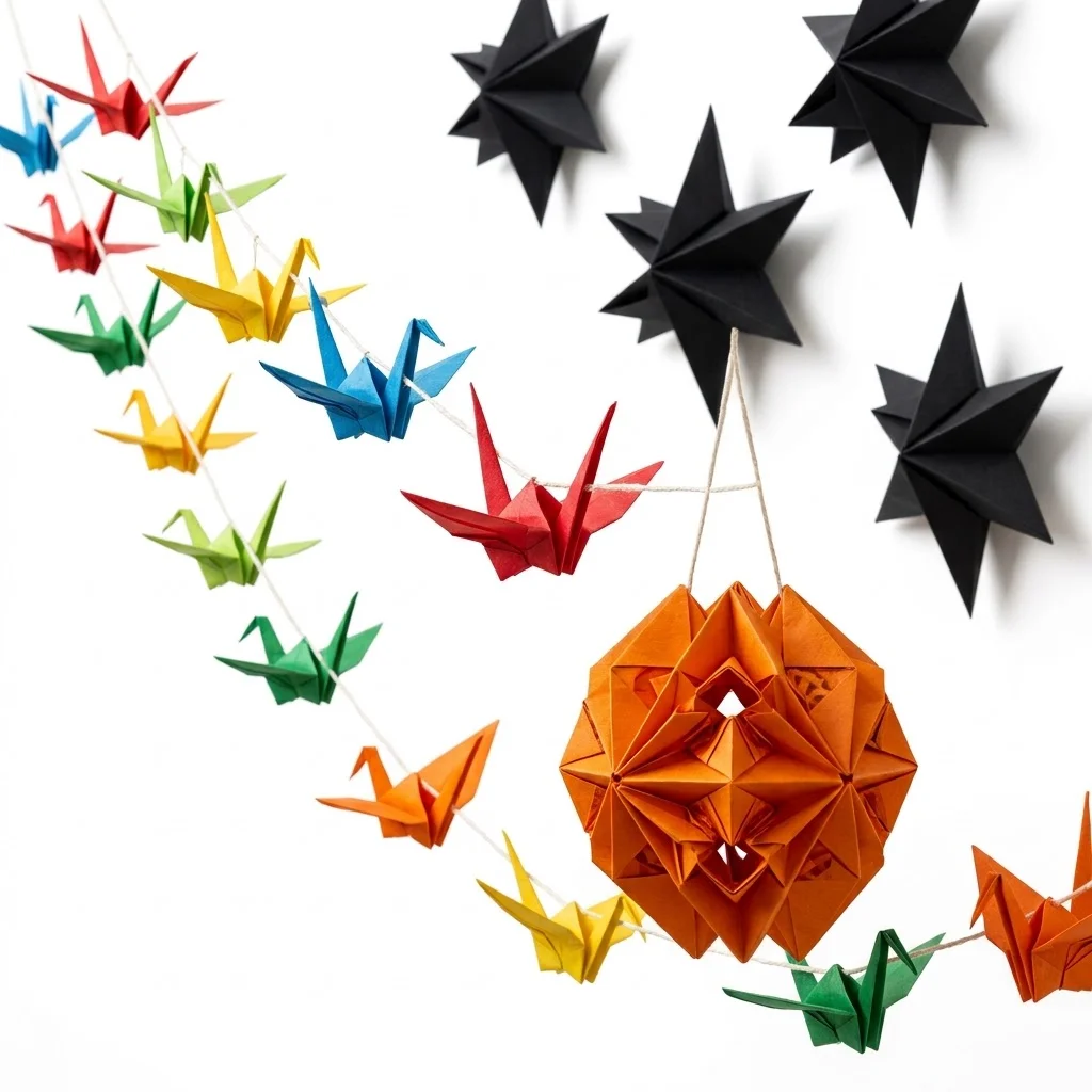 Origami decorations: garland, lantern and wall stars