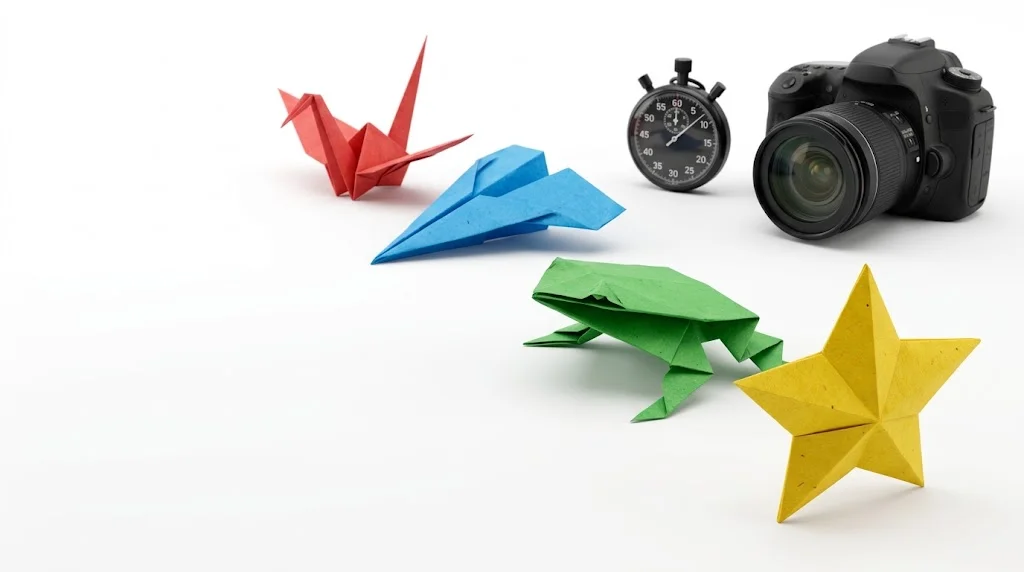 Origami models lined up with a stopwatch and a camera