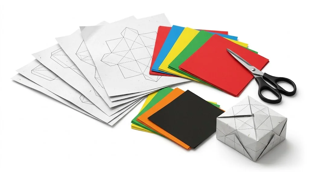 Printed origami templates with colored paper and scissors